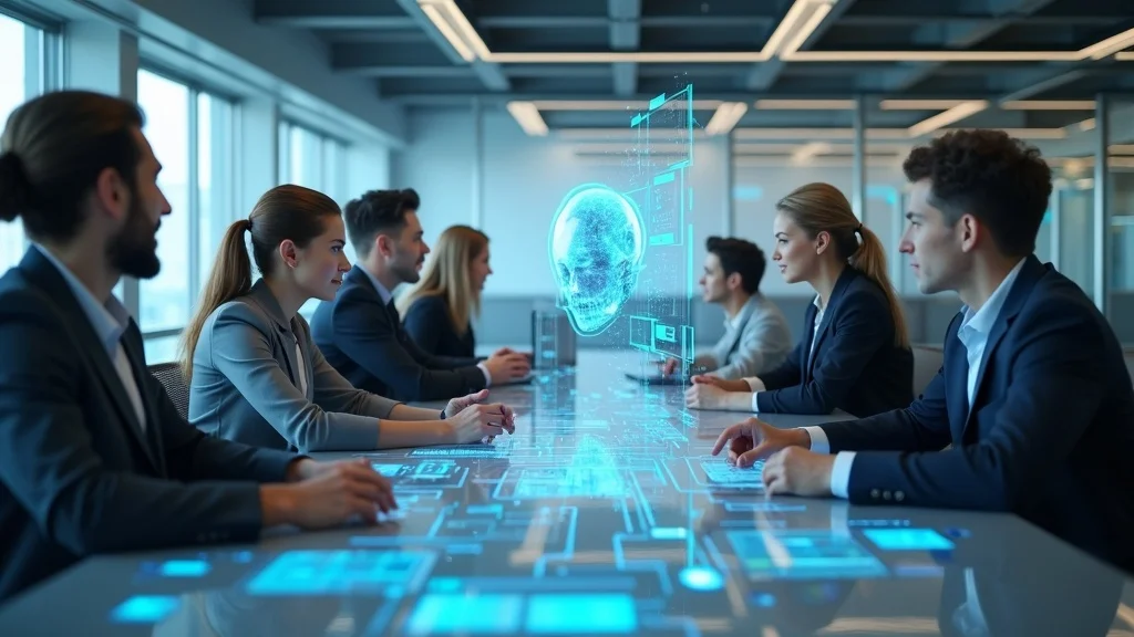 Futuristic workplace with agentic AI — Diverse team collaborates with digital AI agents on transparent screens, focused, technology trends 2026