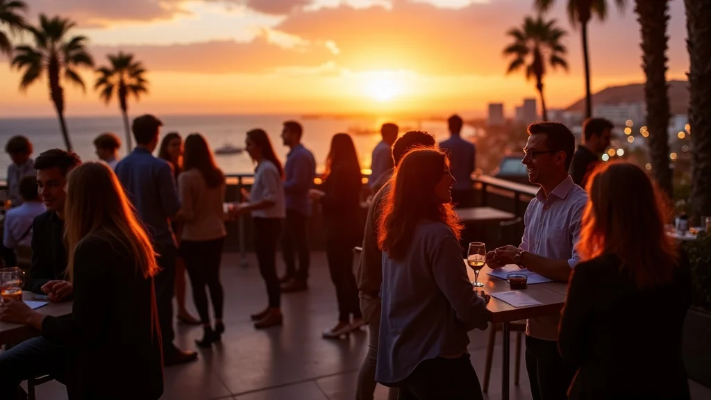 best networking apps Orange County startups 2026 - Orange County startup founders networking at a rooftop event above Newport Beach with city lights and palm trees