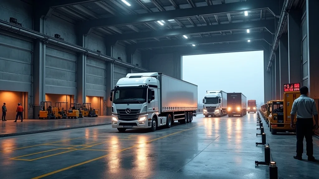 Modern autonomous truck transfer hub with workers and autonomous trucks in motion, demonstrating efficient hand-off points in autonomous trucking