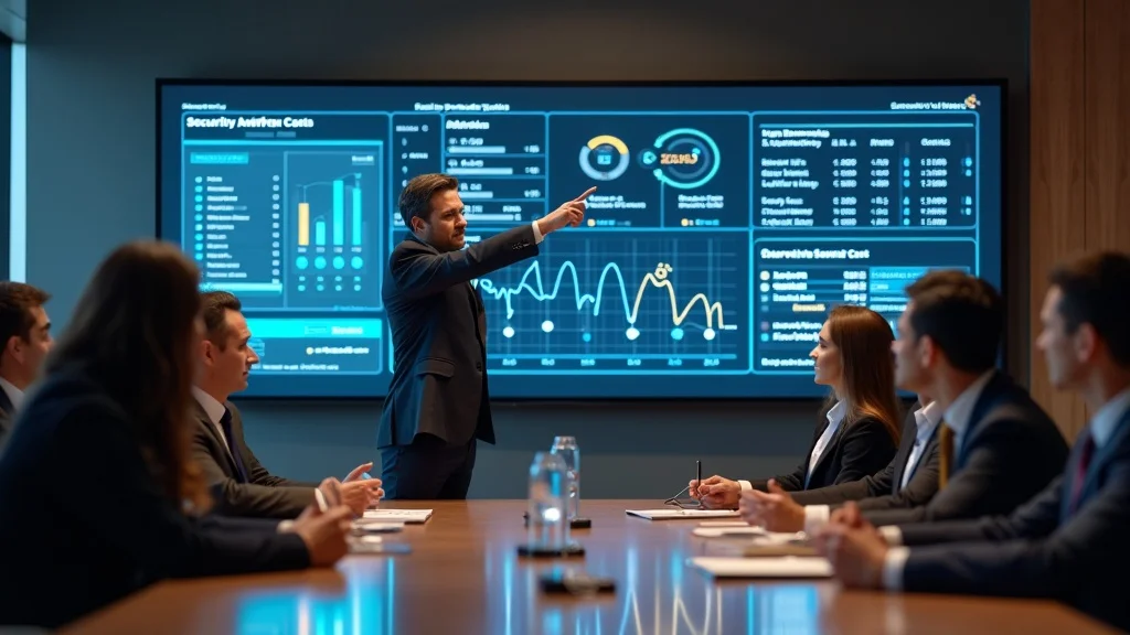 Future of authentication security depicted by corporate boardroom viewing security cost analytics dashboard