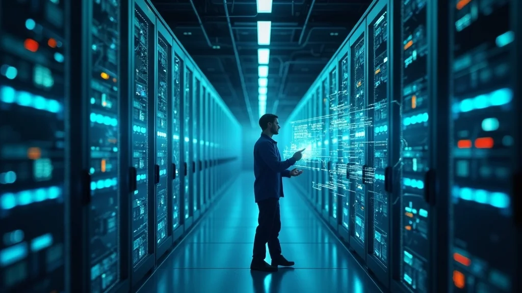 Cutting-edge server room with data visualization overlays highlighting AI search and data crawling