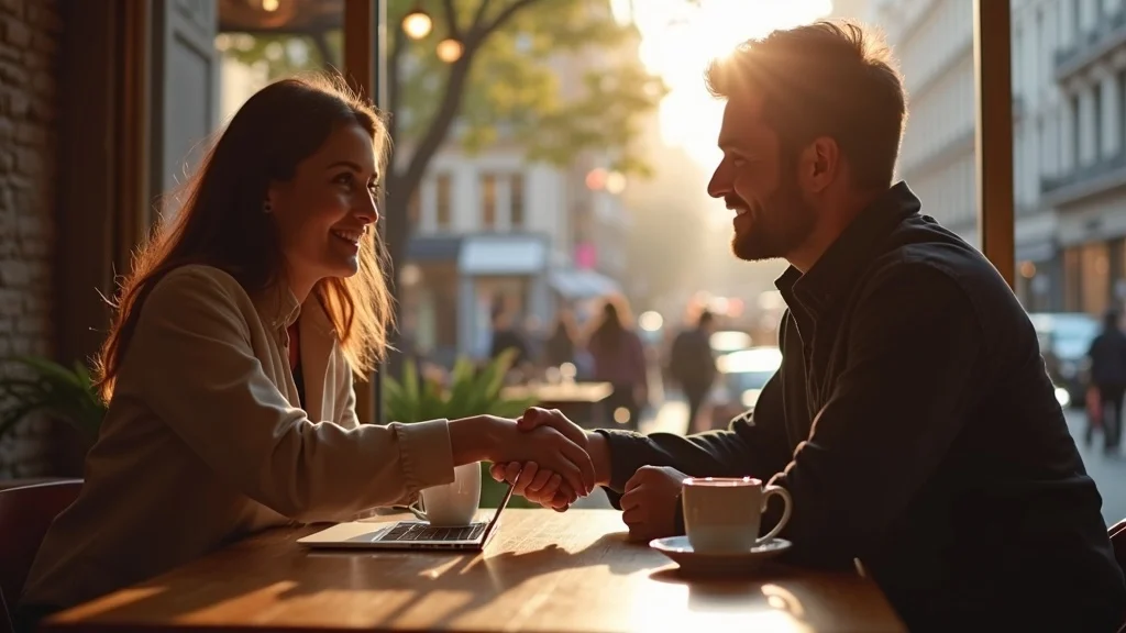 Startup founder and journalist discussing best solutions for media coverage: handshake in modern urban café, exchanging business cards, photorealistic, warm morning light.