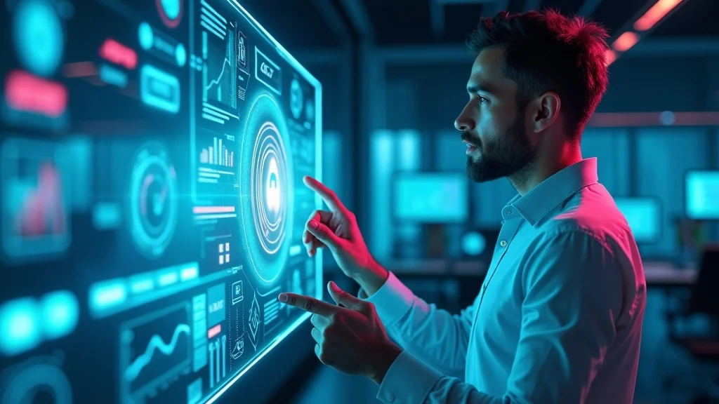 futuristic answer engine interface with an entrepreneur and holographic analytics, symbolizing modern tools for entrepreneurial visibility