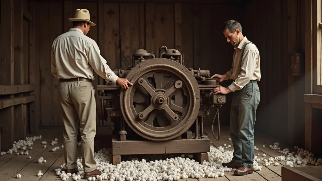 Historical cotton gin machinery in a rustic 18th-century southern plantation processing barn with scattered raw cotton and workers operating the early cotton gin, depicted in high realism with natural daylight