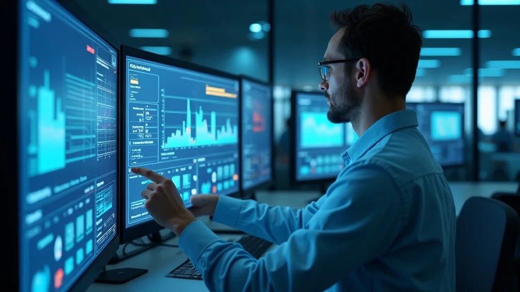 Modern commercial HVAC control room with technician monitoring a digital dashboard, showcasing best commercial HVAC services in the US in a high-tech operations center.