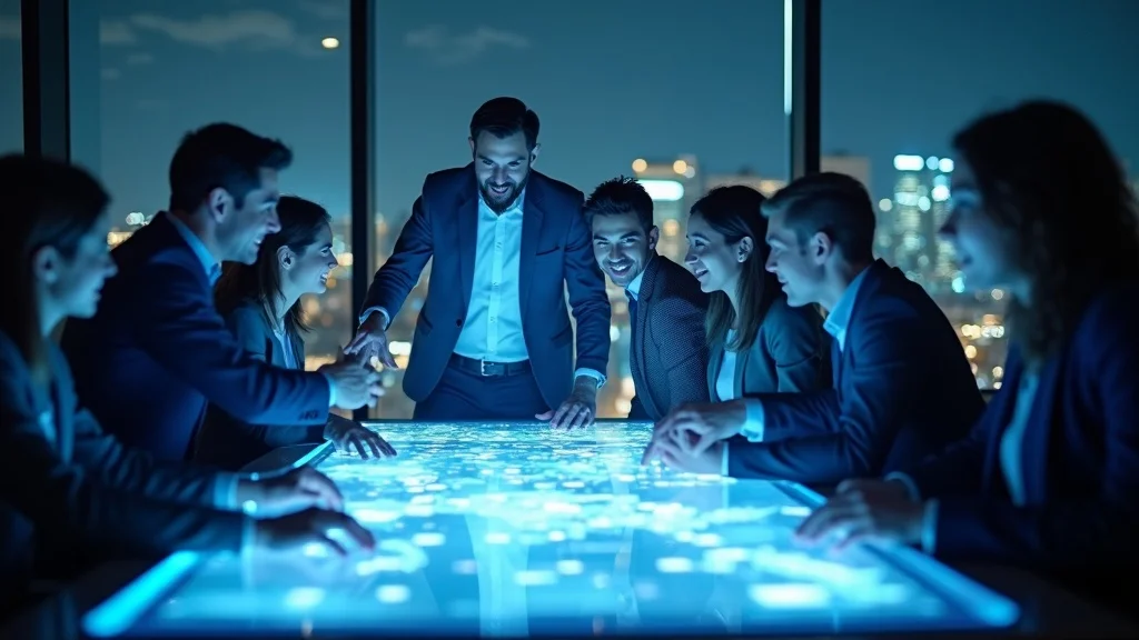 Dynamic global tech ecosystem — Engaged business leaders and startup founders in modern attire, excited expressions, gathered around an interactive digital table with glowing data streams overlayed, technology trends 2026