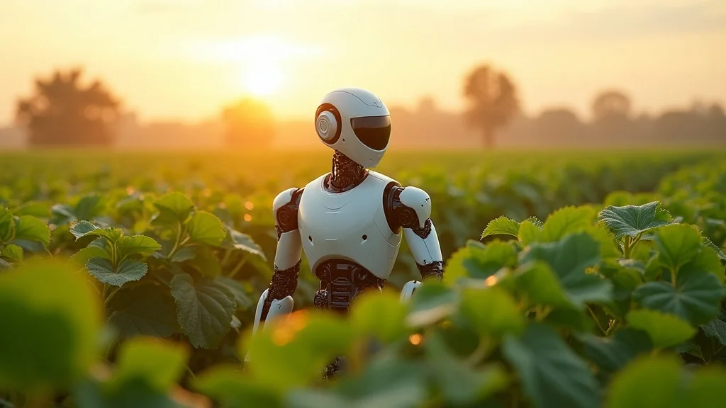Futuristic AI-driven agricultural robot autonomously inspecting crops in a sunrise-lit field as the modern equivalent of the cotton gin with sunrise lighting and vibrant green plants
