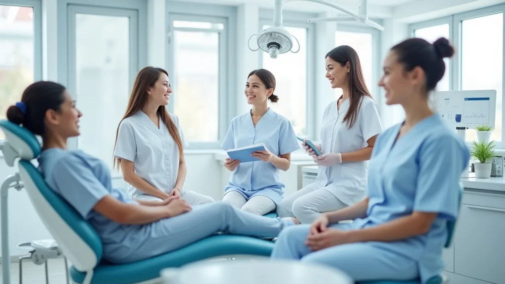 modern dental clinic interior showing clean, professional environment with dental team and patients in bright blue and white decor