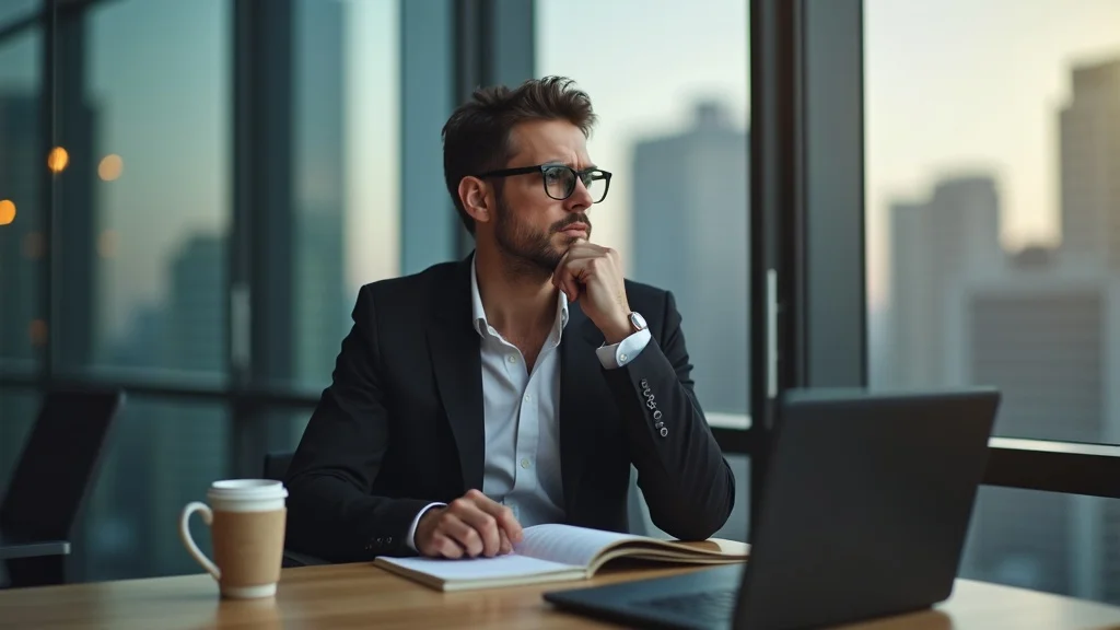 Sophisticated investor at a crowdfunding platform office, evaluating startup pitch decks for high-potential fundraising campaigns.