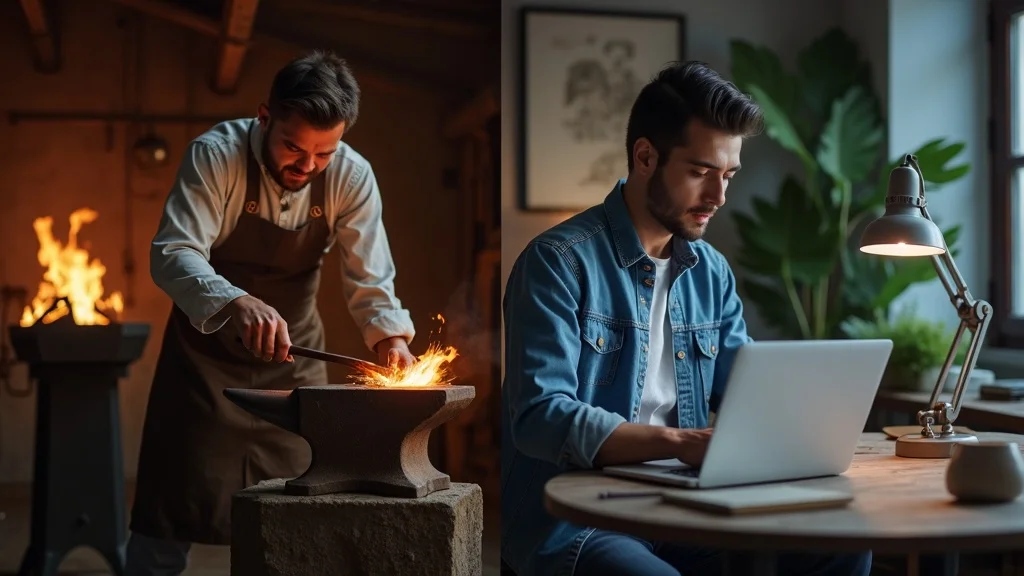 split-image of colonial blacksmith forging tools and modern digital entrepreneur coding at a desk showing the contrast in american entrepreneurship through time