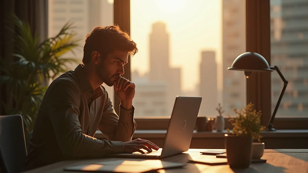 startup founder working late at a laptop in a modern home office, thinking deeply about startup community
