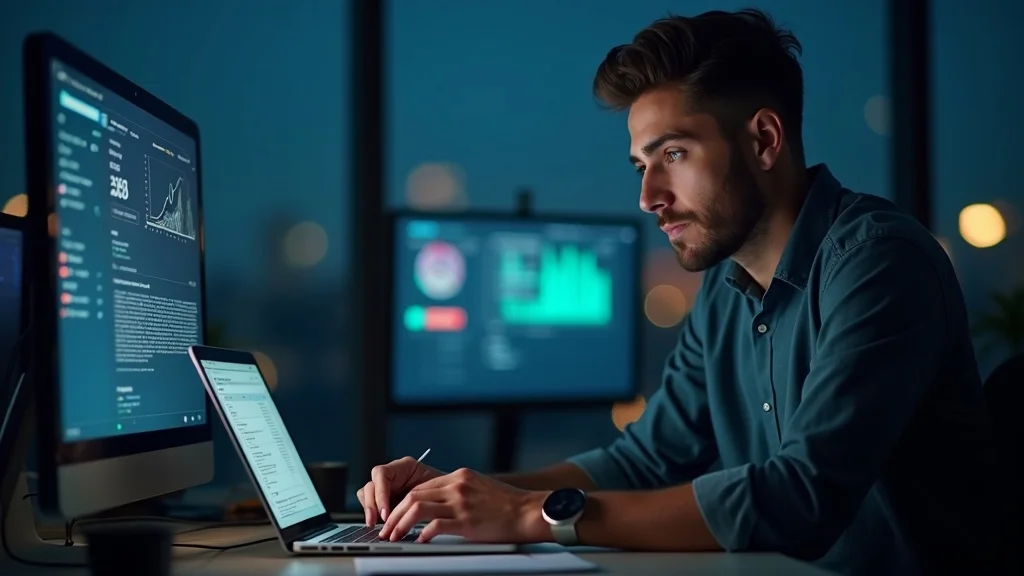Marketer crafting AI-optimized press release for startup media coverage: real-time analytics, digital suggestions, sleek office at dusk, photorealistic, cool neutral tones.