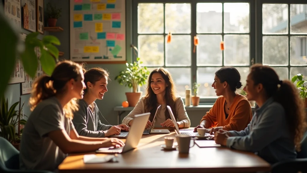 indie founders collaborating in a modern co-working space, discussing ideas for online business and startup community growth