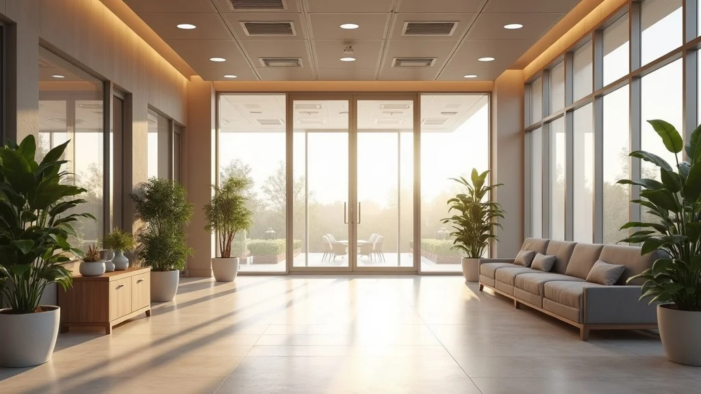 Commercial building lobby with visible HVAC ceiling vents, modern architecture, showcasing importance of indoor air quality in commercial hvac services.