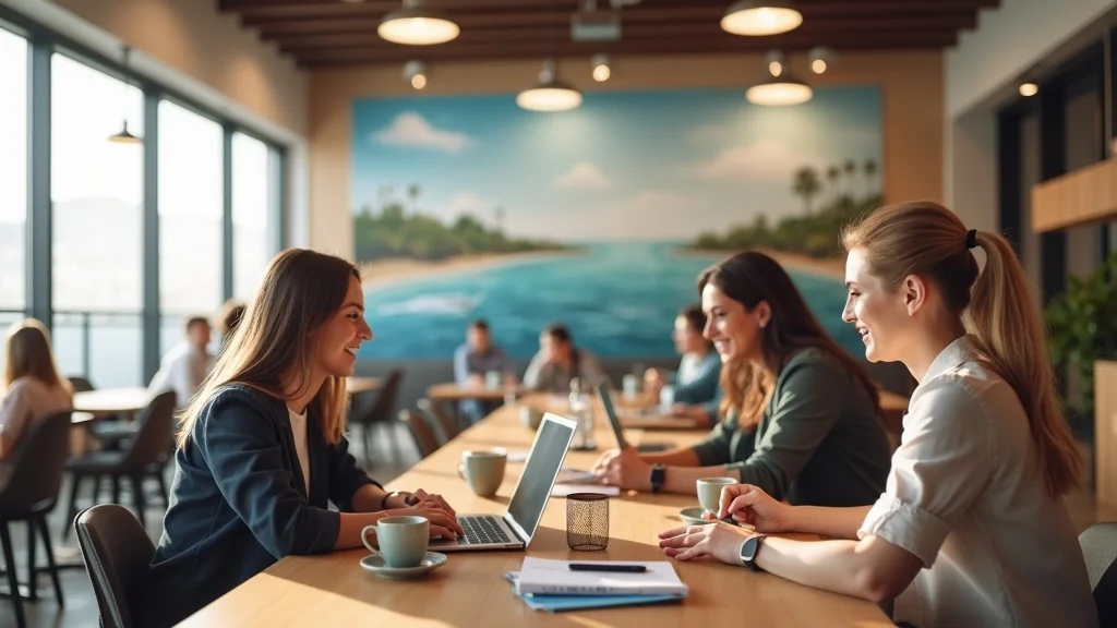 best networking apps Orange County startups 2026 - Founders interacting in a Newport Beach coworking space, browsing networking apps and making new acquaintances