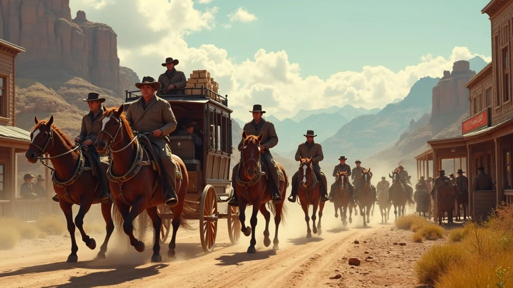 19th-century stagecoach arriving at a frontier town, symbolizing mobility and the spread of small businesses across early america