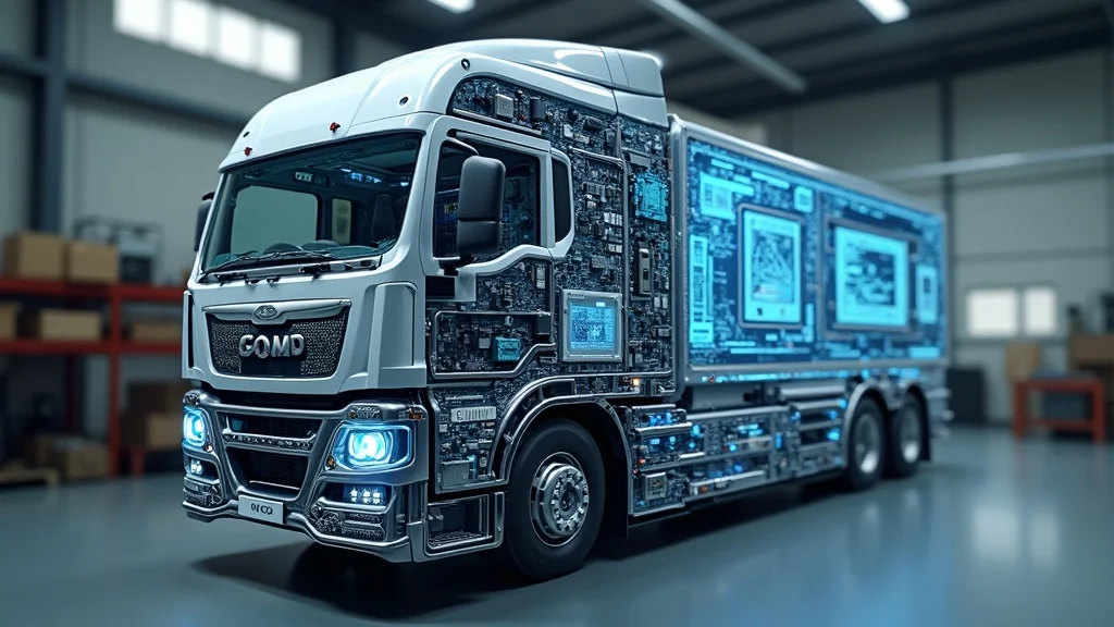 Cutaway view of an autonomous truck's AI system with sensors, processors, and cameras, highlighting the technology providing autonomous trucking capabilities
