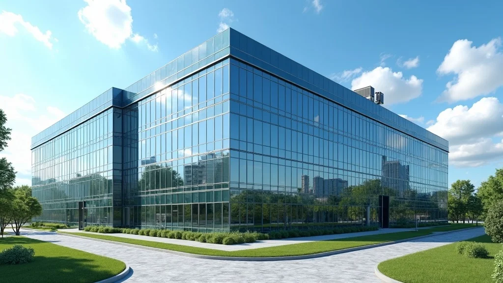 Modern commercial office building exterior with large rooftop HVAC units, representing scalable commercial HVAC solutions in the US.