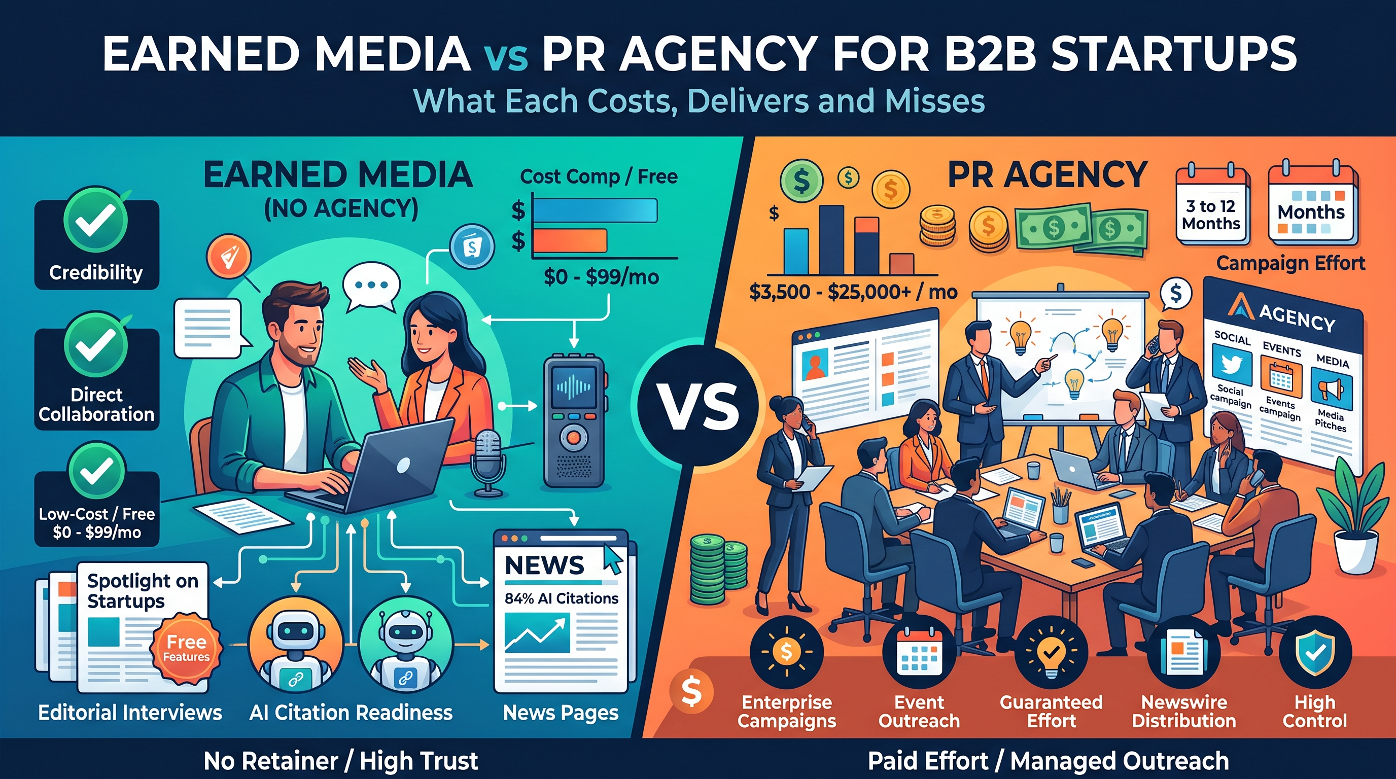 Earned Media vs PR Agency for B2B Startups: What Each Costs, Delivers and Misses