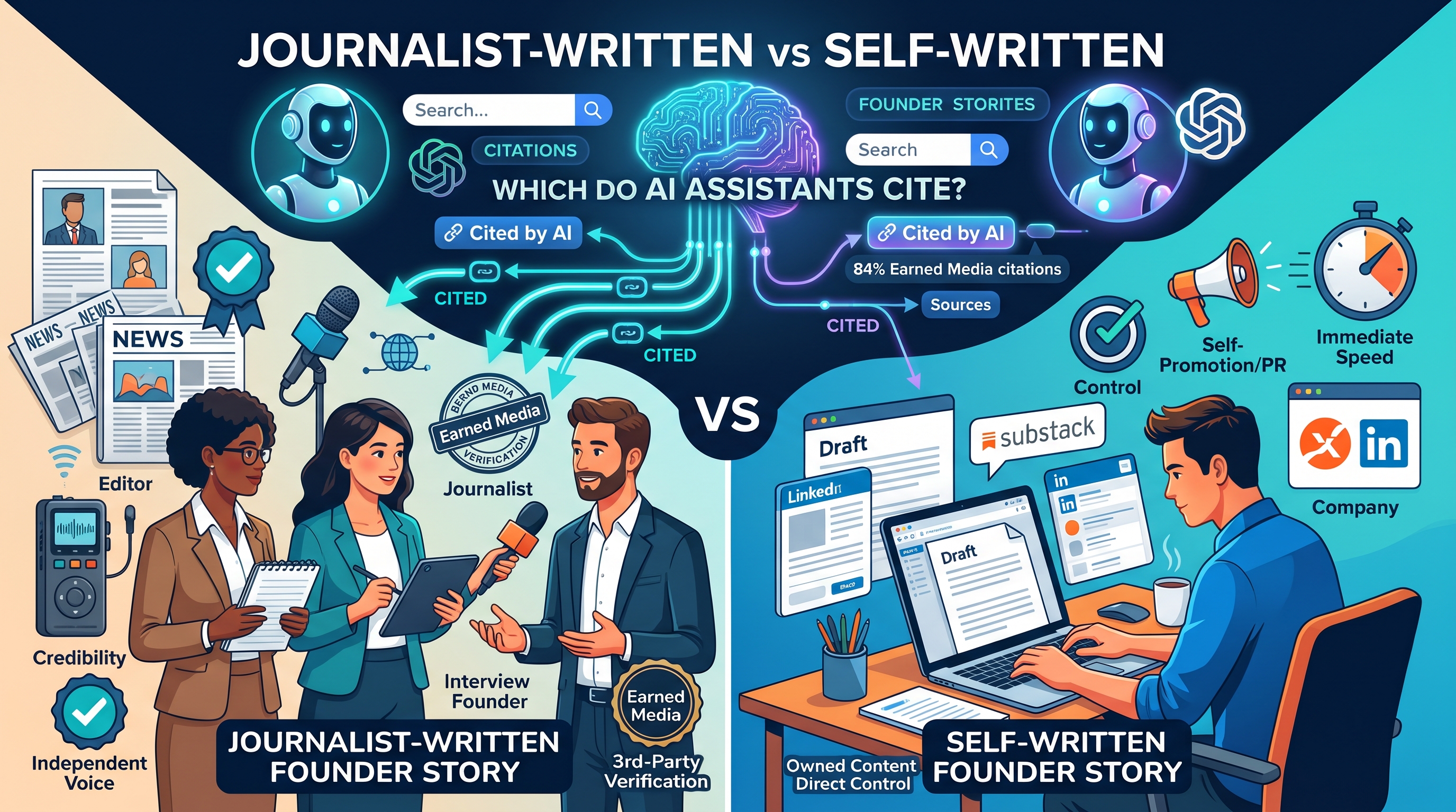 Journalist-Written Founder Story vs Self-Written Founder Story: Which Do AI Assistants Cite?
